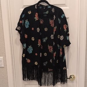 Torrid Black Kimono with Blue and Green Embroidery